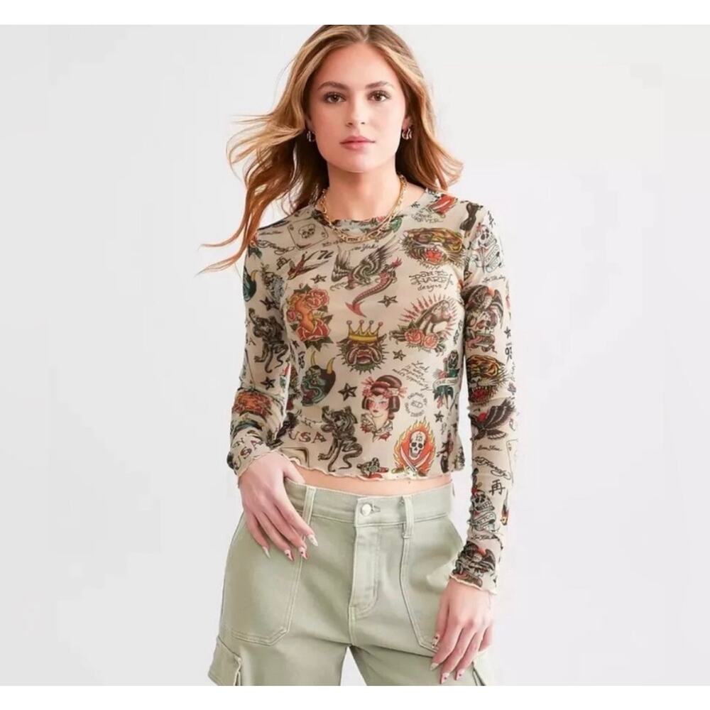 ED HARDY Flashboard Power Mesh Tattoo All Over Print Lettuce Hem Top L